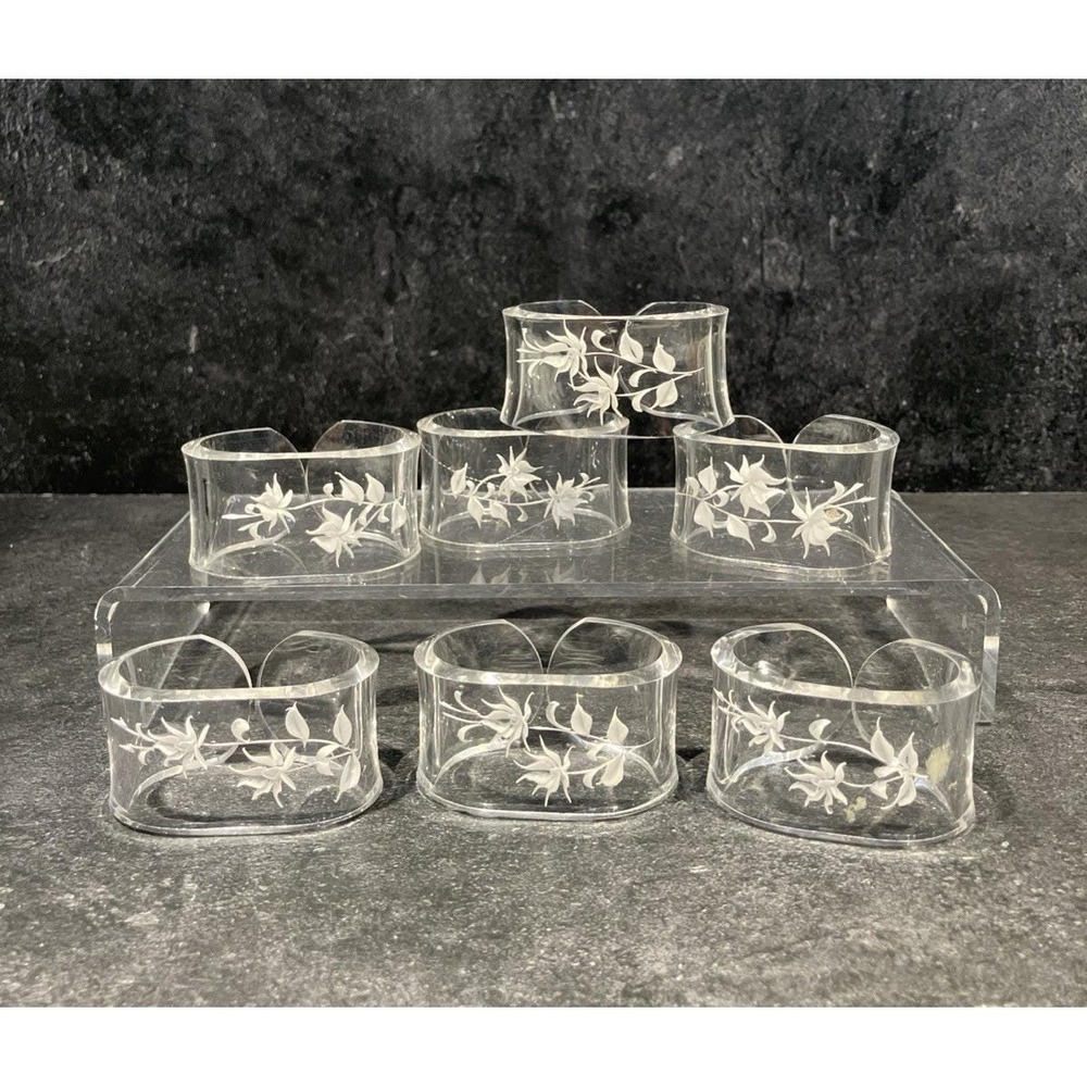 VTG Lot of 7 Reversed Carved Etched Painted Flower Napkin Holder Rings Clear Set
